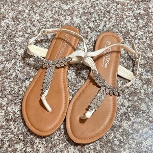 Crystal-Embellished T-Strap Sandals 7.5